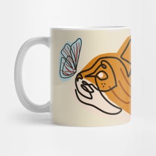 Cat gold and white and Butterlfy blue and red minimalist line art Mug